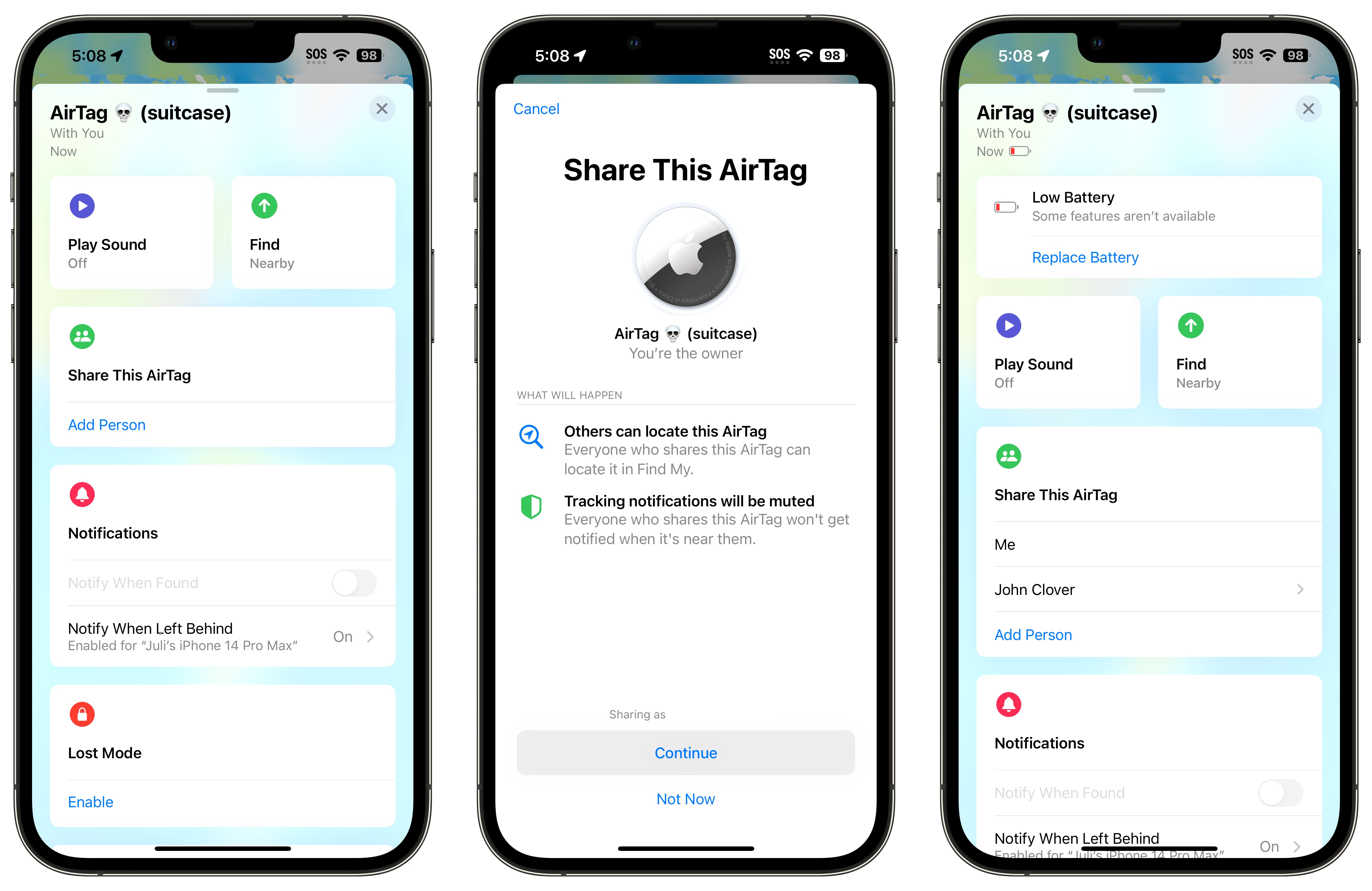 airtag sharing interface ios 17